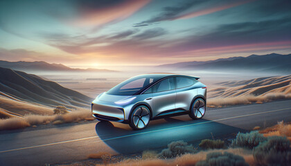 Fototapeta na wymiar Sleek electric vehicle parked at scenic overlook with futuristic design