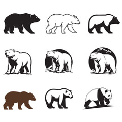 set of bear vector designs, bear, panda, snow bear, white bear, elephant, animal, vector, silhouette, animals, illustration, bear, wildlife, wild, mammal, zoo, set, nature, black, collection, cartoon
