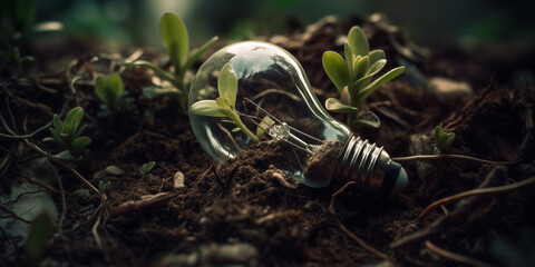 A litle plant grow in a lightbulb the nature take back the planet