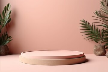 Fototapeta na wymiar Minimalist Podium with Tropical Plants on Pastel Background