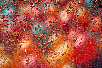 Abstract background. Drops of water on the glass. Drops of rain on the window. Multi-colored spots....
