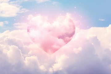 Pink fluffy heart cloud on blue sky. Beautiful romantic love background with copy space. Valentine Day, wedding, mother's day concept. Design for greeting card, flyer, banner, poster - obrazy, fototapety, plakaty