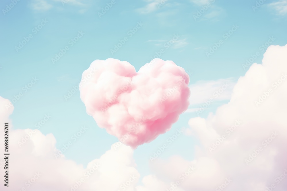 Wall mural pink fluffy heart cloud on blue sky. beautiful romantic love background with copy space. valentine d