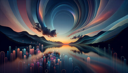 Serene twilight data lake landscape with fluid abstract shapes