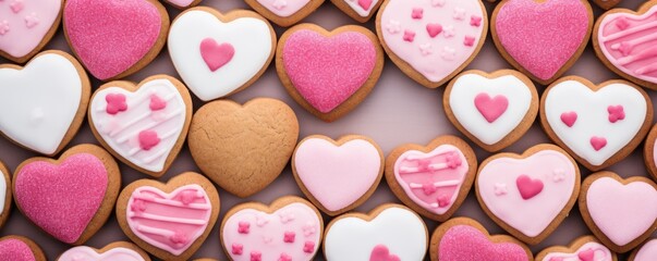 Fototapeta na wymiar Pattern of homemade valentine cookies on pastel pink background. Gingerbread hearts for Valentine's day. Sugar glazed cookies. Present for holiday, birthday, woman's day