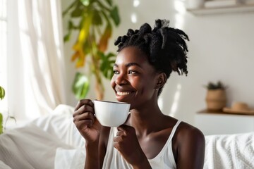 Black woman holding cup of coffee, enjoying its aromatic smell.