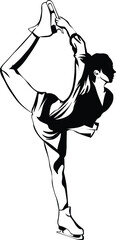 Cartoon Black and White Isolated Illustration Vector Of An Ice Figure Skater Holding A Pose