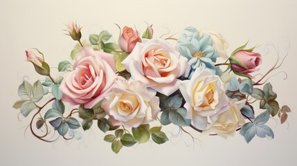 Obraz na płótnie Canvas A composition of pastel roses in exquisite detail, each petal a masterpiece against a seamless ivory background.