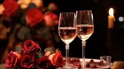 Elegant dinner setting with wine glasses and roses. Romantic evening.