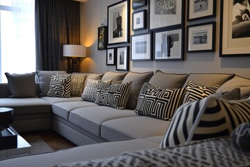 Contemporary living room with an L-shaped sofa and a wall filled with black and white photo frames