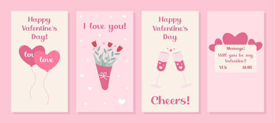 Set of templates for Valentine’s day. For social media stories, backgrounds, banners, web. Flowers, balloons, message, question.  Vector illustrations with text and love elements.