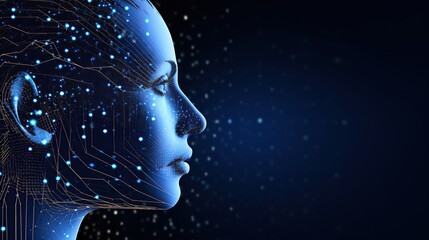 abstract head graph of a person's head with graphs and wires in the background. technology human AI system concept Wireframe. computer science, artificial intelligence, and communications