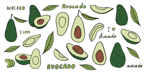 Colorful set of avocado, avocado pieces and avocado slices in doodle style with lettering in vector. Healthy food. Great for menu design, banners, sites, packaging. Hand drawn in flat style