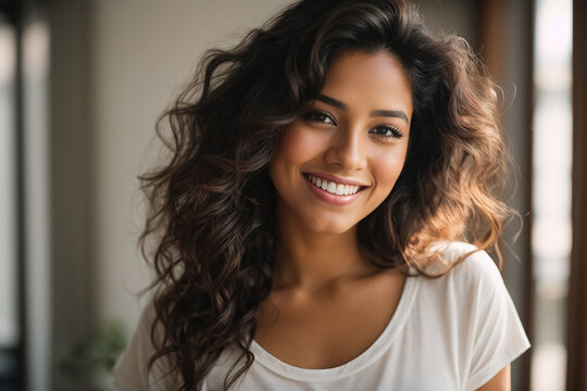 Portrait of a beautiful young latin model woman smiling on a white background.