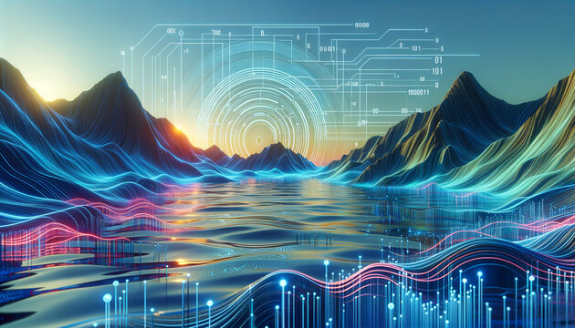 Serene data lake with shimmering binary code streams and retro 90s accents.