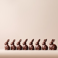 Easter background with chocolate bunnies in a row, easter rabbit concept minimalist style easter celebration idea, light cream background with copyspace, side by side, lined up, tradition, funny