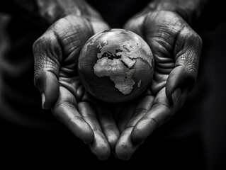 illustration of human hands holding the world