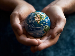 illustration of human hands holding the world