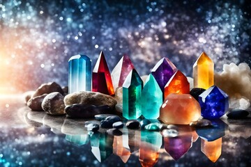 Group of colourful healing crystals on mystical glowing background with copy space -