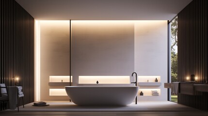 A luxurious bathroom with contemporary fixtures, a freestanding bathtub, and subtle LED lighting, creating an oasis of modern interior design.