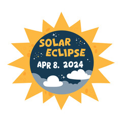 Hand drawn banner solar eclipse 8 april 2024. Vector design with sun, sky and stars. - obrazy, fototapety, plakaty