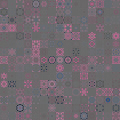 Smoky grey color tone, floral geometric shapes vintage concept seamless pattern background.