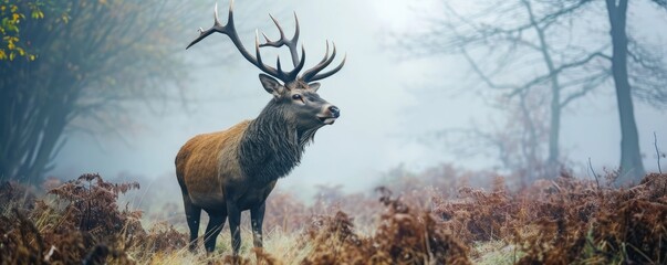 Deer with large antlers standing in a misty forest