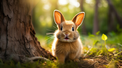 A cute, fluffy brown rabbit sits near a tree in the sunlight, with greenery around it.