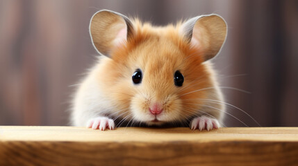 A small, orange hamster peers over a wooden edge with big, shiny eyes.