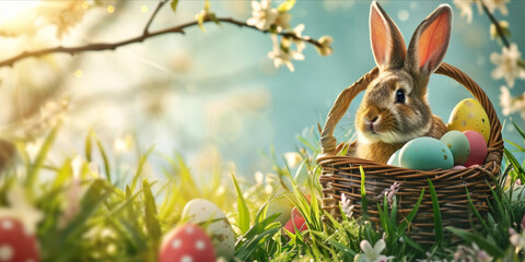 brown rabbit sitting in a wicker basket among green grass with colorful Easter eggs, with soft-focused blooming branches in the background. web banner design - Powered by Adobe
