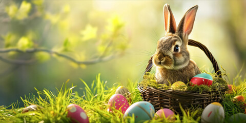 Easter rabbit with long ears sits by a basket filled with colorful eggs in grass. web banner design - obrazy, fototapety, plakaty