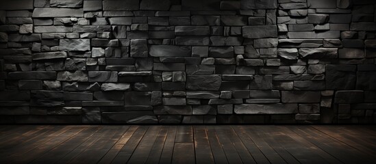 Black brick walls and wooden floors. Black stone walls. 3d illustration.
