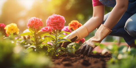 Hands planting bright flowers in a garden with sunlight. web banner design