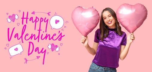 Happy young woman with heart-shaped balloons on pink background. Banner for Valentine's Day...