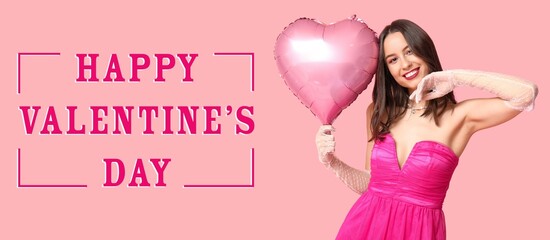 Happy young woman with heart-shaped balloon on pink background. Banner for Valentine's Day...