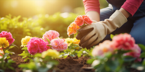 Hands planting colorful flowers in a sunlit garden. web banner design
