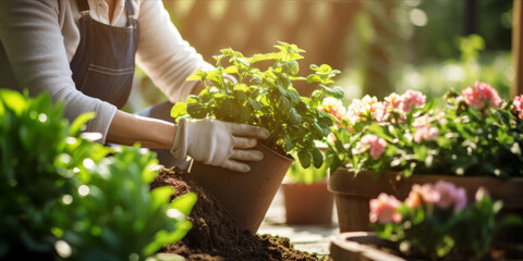 A person in an apron is potting a mint plant in a terracotta pot, surrounded by plants. web banner design  - obrazy, fototapety, plakaty