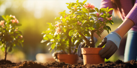 A person wearing gloves is tending to a potted pink azalea plant in a garden setting.