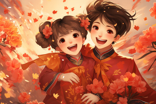Celebrating Chinese New Year 2024 with Family, Lively Artistic Drawing, Family Unites for a Heartwarming Lunar New Year Celebration Full of Love and Joy