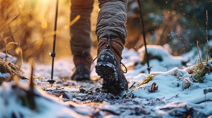Close up of legs of person in hiking shoes walking in the winter forest