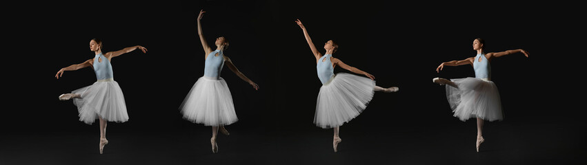 Ballerina practicing dance moves on black background, set of photos