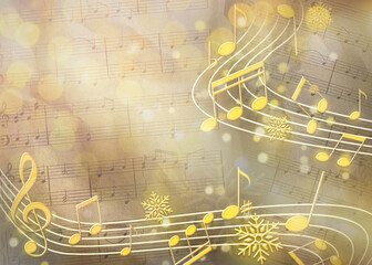 Treble clef, music notes, snowflakes and sheet with musical symbols. Bokeh effect