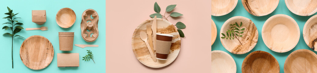 Collage of eco tableware on color background