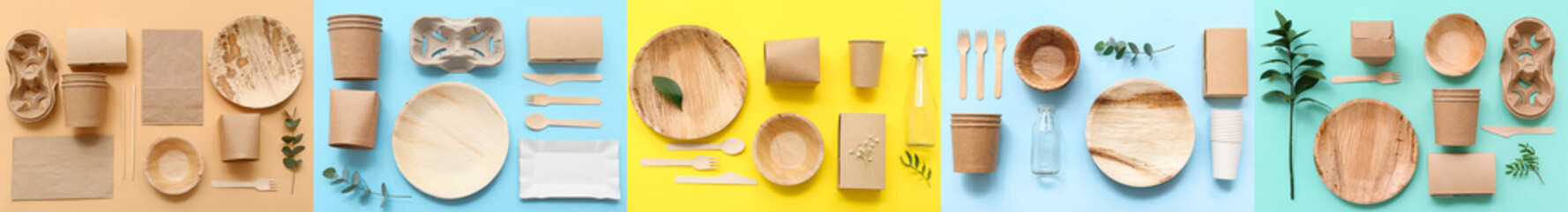 Set of eco tableware on color background