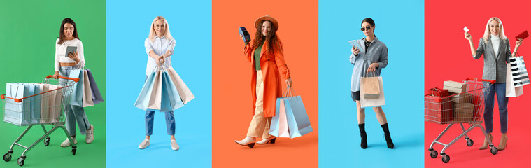 Collage of women with purchases and credit cards on color background