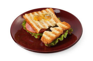 Cute monster sandwich with fried eggs isolated on white. Halloween snack