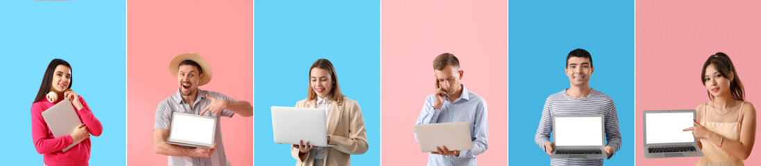 Group of young people with modern laptops on blue and pink backgrounds