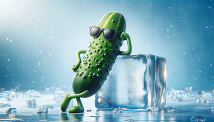 A cucumber character wearing sunglasses and casually leaning against a block of ice - Generative AI