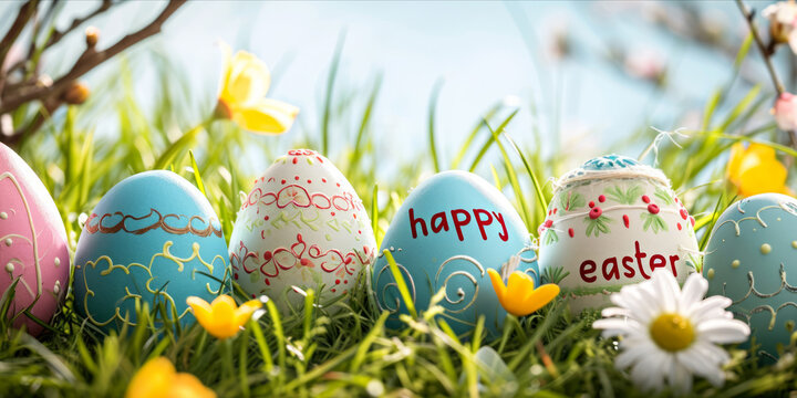 Decorated Easter eggs in grass with "happy easter" written, under a sunny spring sky. web banner design