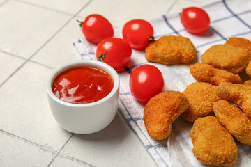 Bowl with ketchup and tasty nuggets on white tile background